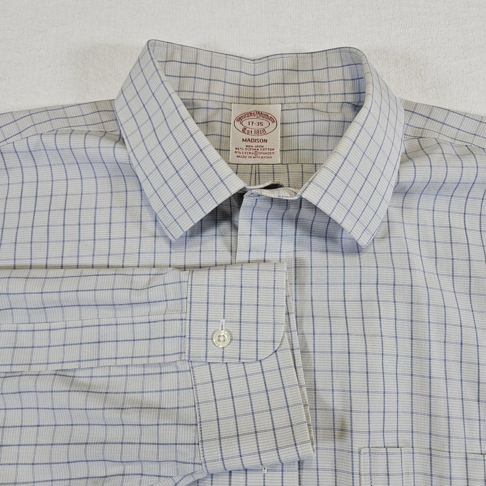 Brooks Brothers Madison Dress Shirt Mens 17- 35 Blue‎ Check Supima Cotton